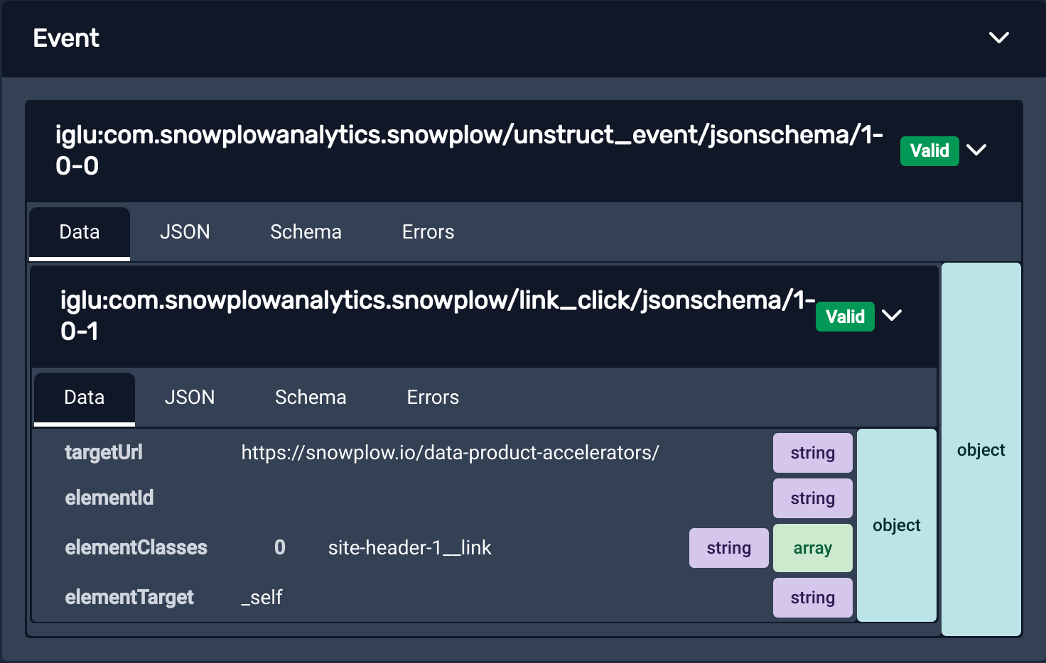 A Self Describing Event called &#39;example_event&#39; is displayed in the Snowplow Inspector extension. It contains a property &#39;example_field_1&#39; with the value &#39;abc&#39;. The extension says the event is Valid against its schema, signalled by green text.