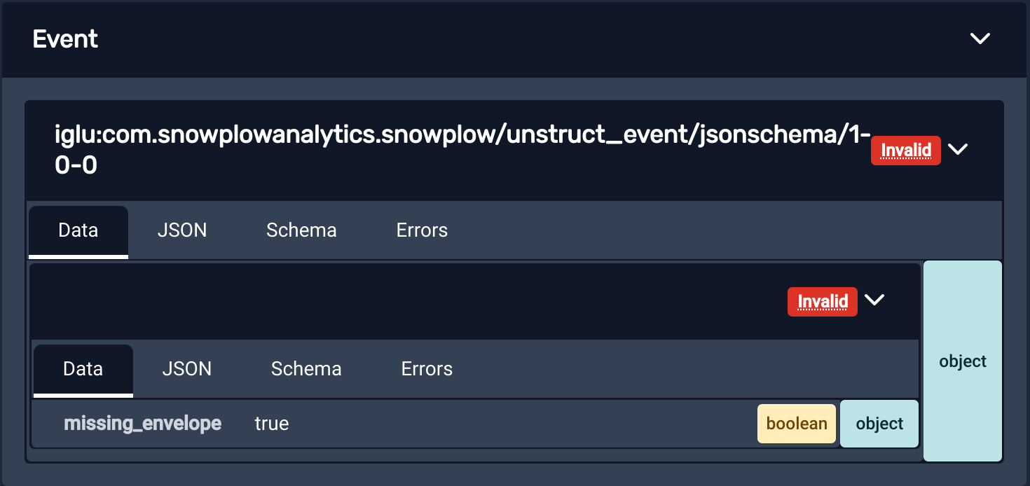 A Self Describing Event called &#39;example_event&#39; is displayed in the Snowplow Inspector extension. It contains a property &#39;example_field_1&#39; with a null value. The extension says the event is Invalid against its schema, signalled by a bright red background.