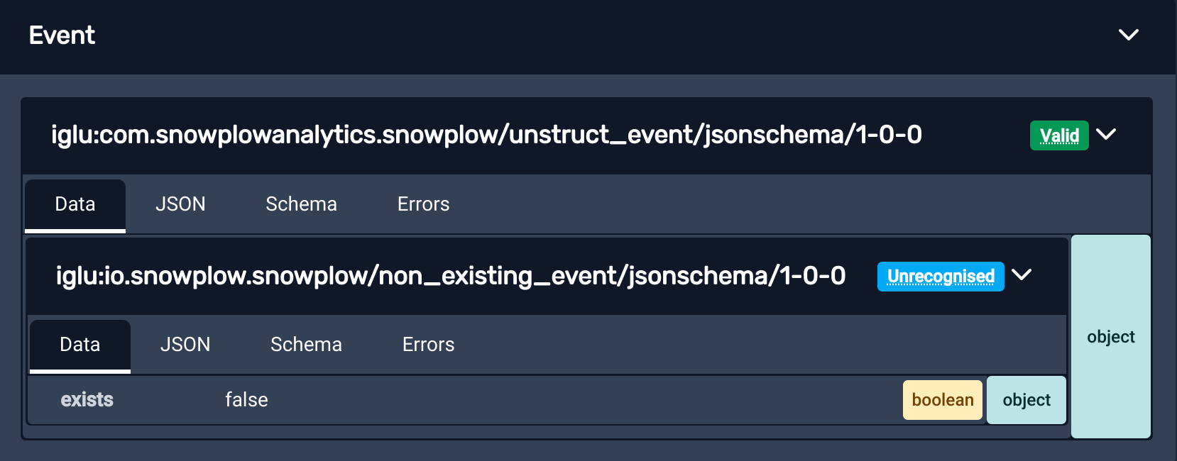 A Self Describing Event called &#39;example_event&#39; is displayed in the Snowplow Inspector extension. It contains a property &#39;example_field_1&#39; with the value &#39;abc&#39;. The extension says the event&#39;s schema is Unrecognized. A cursor graphic is overlaid to indicate this label can be clicked.